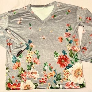 💿Beautiful Gray Silver Shimmery Floral Long Sleeve V-neck Tee L / XL